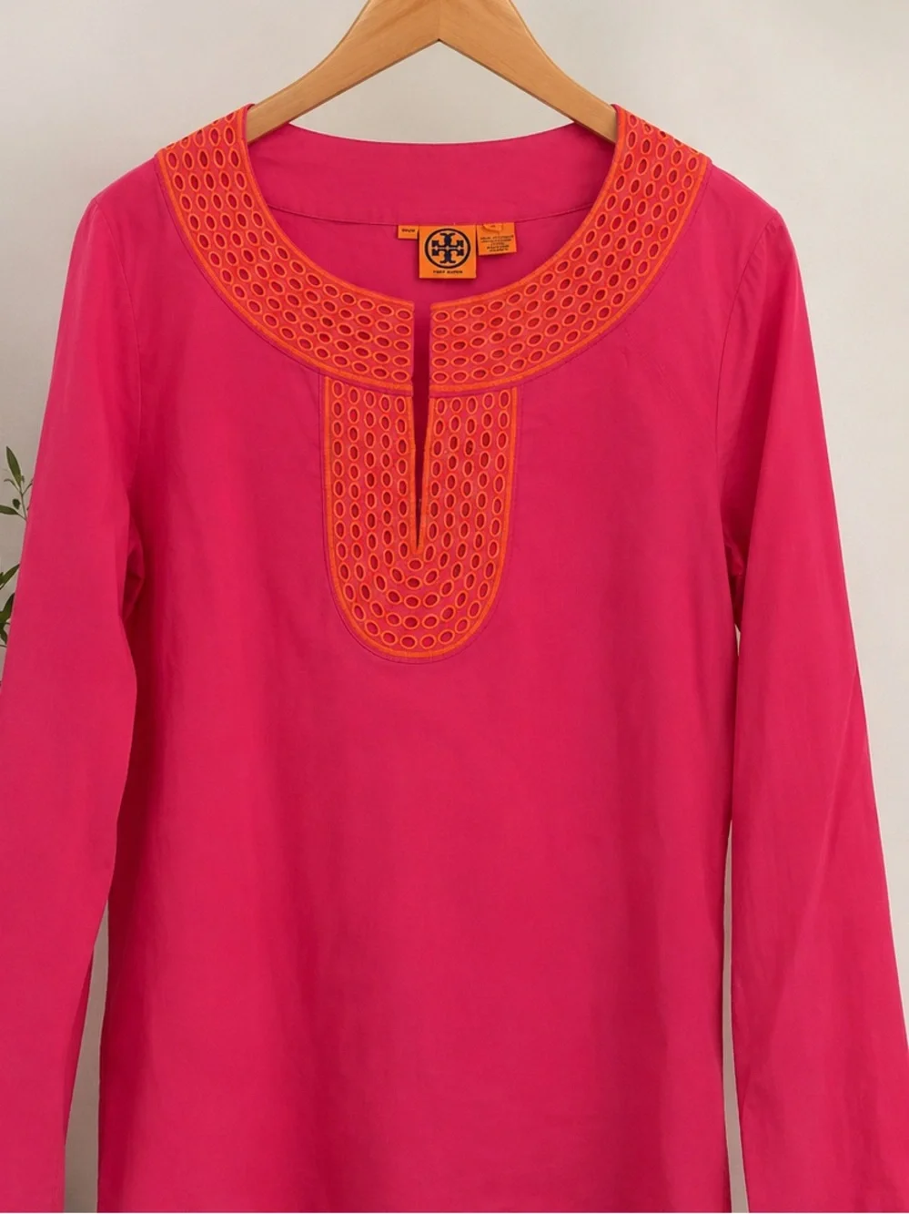 Tory Burch Hot Pink Tunic with Orange Eyelet Trim Size 12 runs small